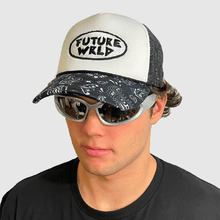 Load image into Gallery viewer, Black/White Bandana Print Trucker Hat
