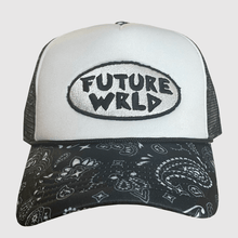 Load image into Gallery viewer, Black/White Bandana Print Trucker Hat
